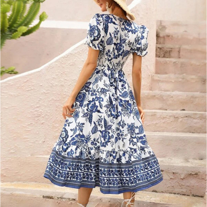 Women Floral Maxi Dress Short Puff Sleeve V Neck Bohemian Flowy Smocked Long Dress - ZEYTONCART