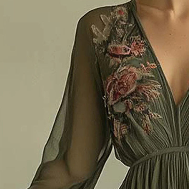 Women's Elegant V-Neck Green Floral Print A-Line Maxi Semi-Sheer Long Sleeve Spring&Summer Dress - ZEYTONCART