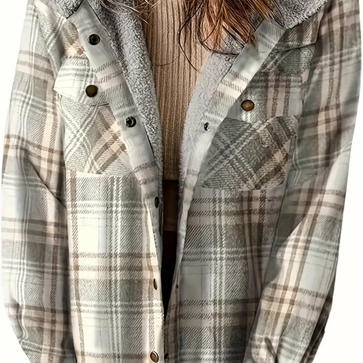 Women's Plaid Button-Up Long Sleeve Jacket Fall Winter  Flap Button Pocket Design Casual Hooded Fleece-Lined Warm Coat - ZEYTONCART