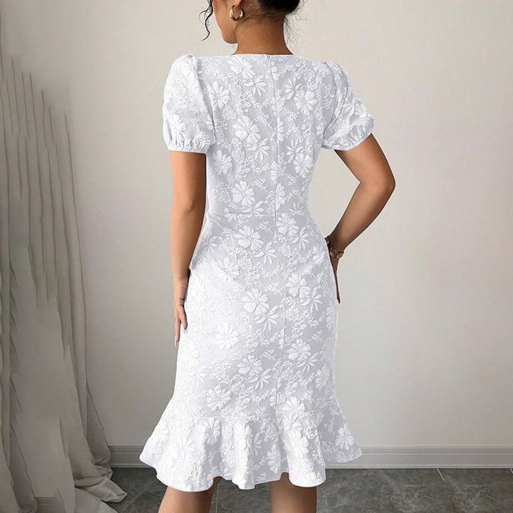 Women's Floral Jacquard Dress Women's Short Puff Sleeve Crew Neck Ruffle Hem Bodycon Dresses - ZEYTONCART