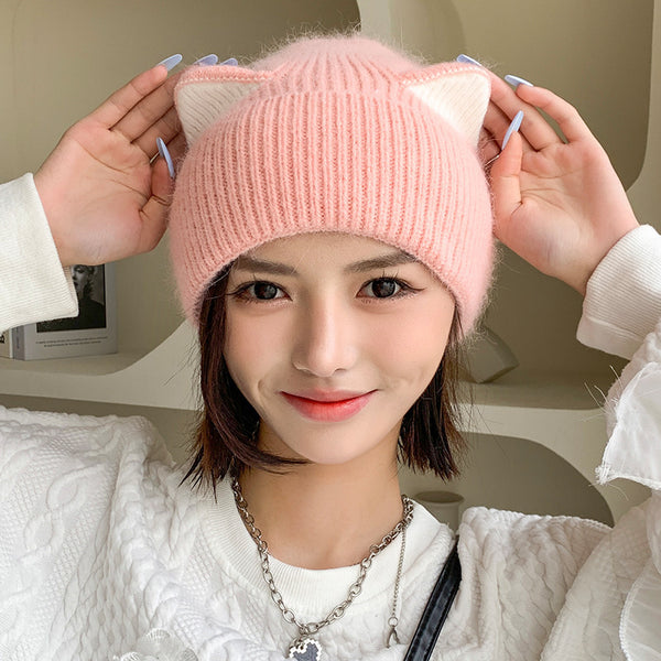 Cat Ears Woolen Knitted Hat Women's Spring And Autumn Winter Korean Style - ZEYTONCART