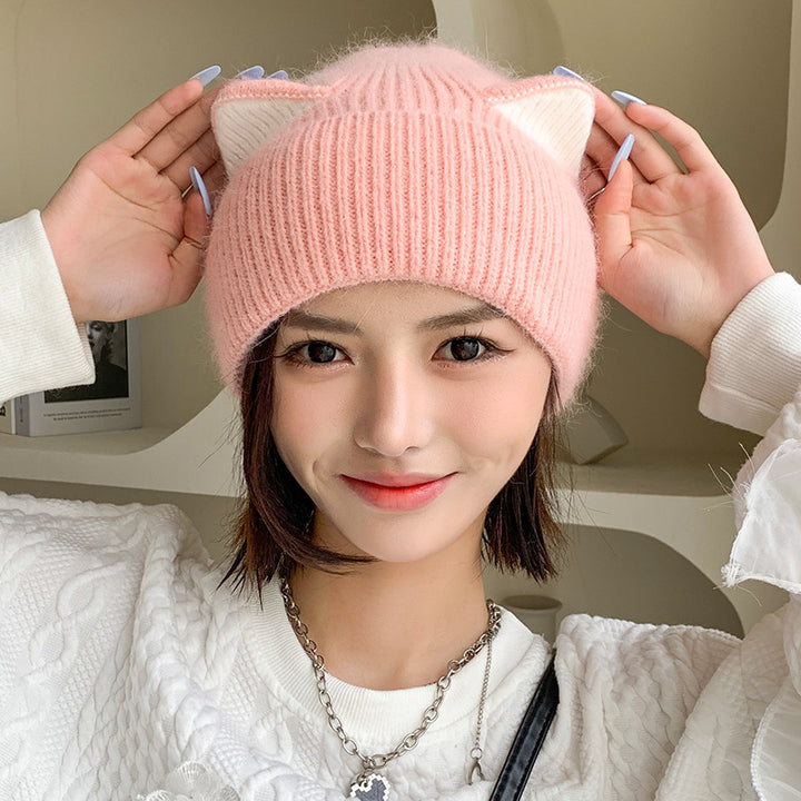 Cat Ears Woolen Knitted Hat Women's Spring And Autumn Winter Korean Style - ZEYTONCART