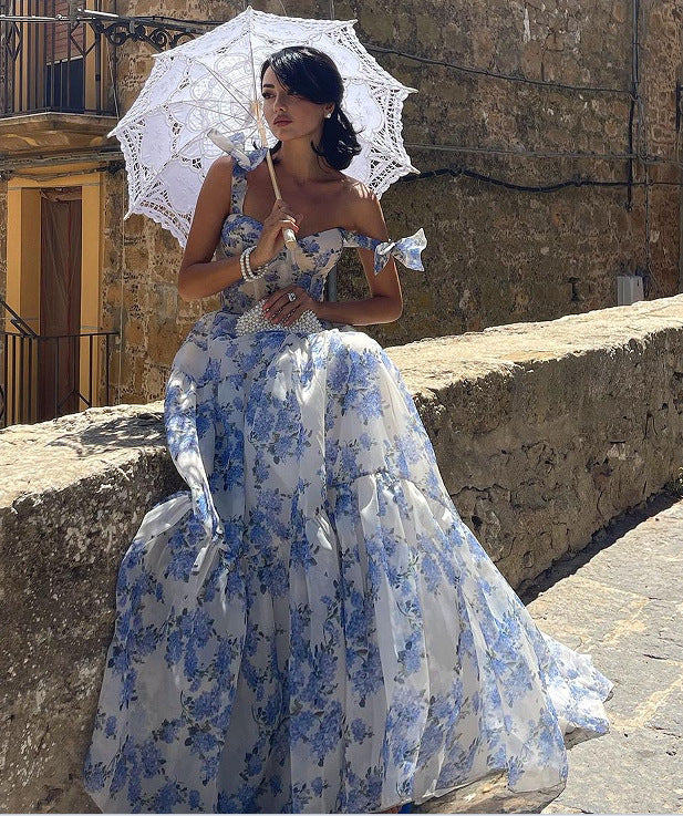 Floral Off-the-shoulder Strap Lace-up Large Swing Skirt Organza Dress - ZEYTONCART