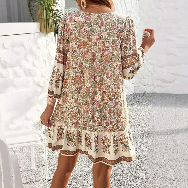 Women's Elegant V-Neck Fringe Bow Floral Print Dress Long Sleeve Comfortable Spring&Summer Dress - ZEYTONCART