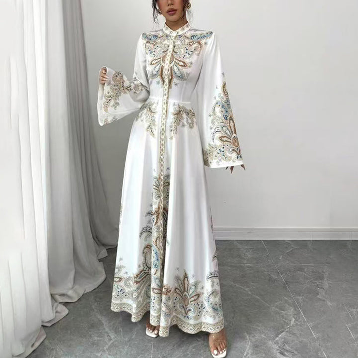 Elegant High-Neck Floral Maxi Dress - Long Flowy Sleeves, Modest A-Line Middle Eastern Style Gown Vacation & Party Dress For Women - ZEYTONCART