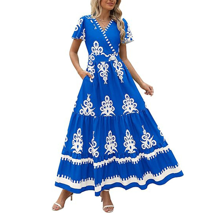 Womens Summer Casual V Neck Boho Maxi Dress Flowy Aline Bell Sleeve Tiered Floral Dresses With Pocket - ZEYTONCART