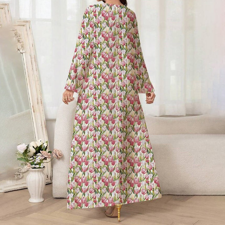 Women's Elegant Pink Floral Print Maxi Dress Vacation Style Long Sleeve A-line Flowy Dress - ZEYTONCART