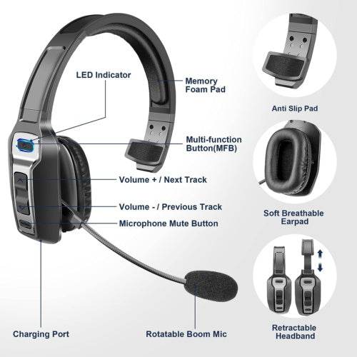 Trucker Bluetooth 5.2 Wireless Headset With Noise Cancelling Mic For Phones PC - ZEYTONCART
