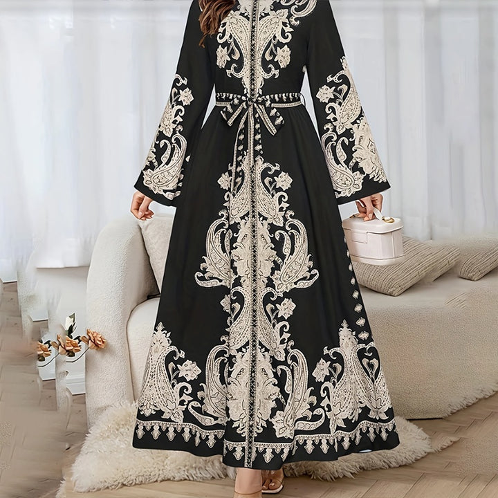 Women's Vintage High-Neck Floral Maxi Dress Loose Long Sleeve, Adjustable Waist Belt, Middle Eastern Inspired Holiday Dress Ankle-Length Gown - ZEYTONCART