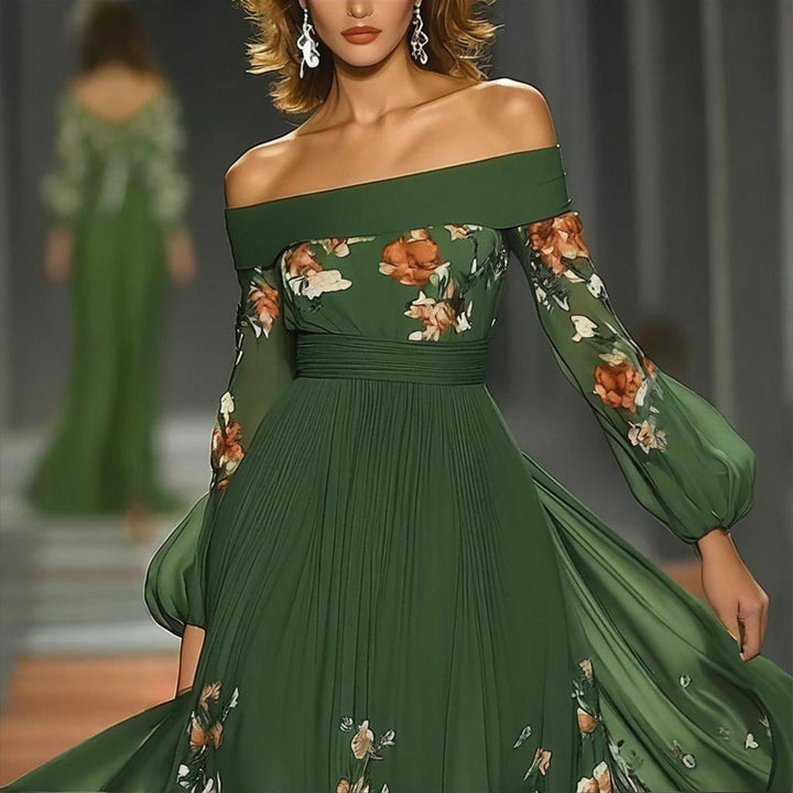 Women's Green Off-Shoulder Floral Print Dress With Puff Sleeves - Flowy A-Line Maxi Evening Dress - ZEYTONCART