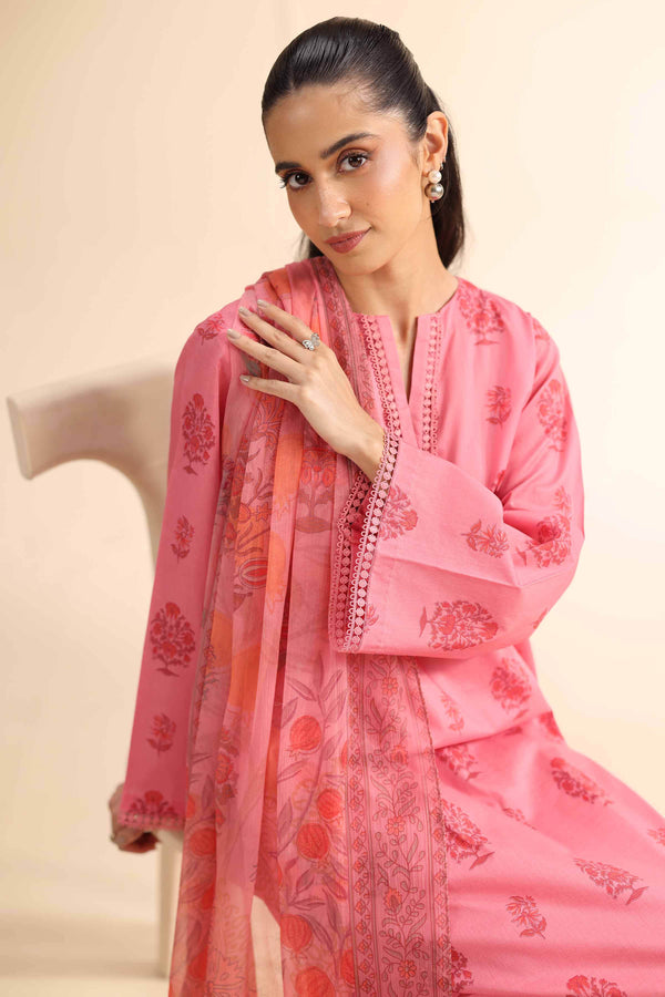 Unstitched 2-Piece Suit – Mughal Printed Slub Cambric Shirt & Crinkle Chiffon Dupatta | Pink- 42501032 - ZEYTONCART