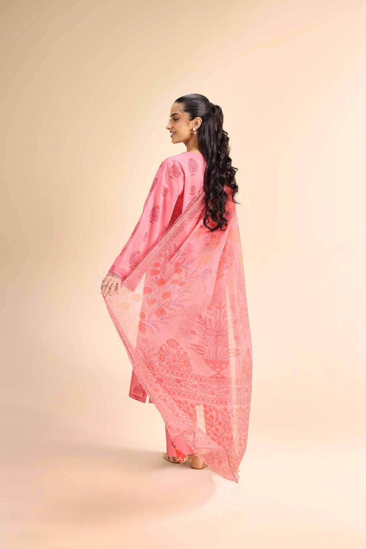 Unstitched 2-Piece Suit – Mughal Printed Slub Cambric Shirt & Crinkle Chiffon Dupatta | Pink- 42501032 - ZEYTONCART