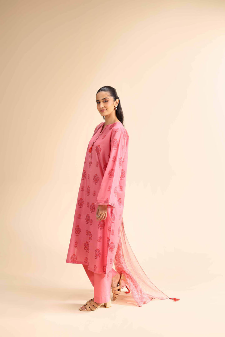 Unstitched 2-Piece Suit – Mughal Printed Slub Cambric Shirt & Crinkle Chiffon Dupatta | Pink- 42501032 - ZEYTONCART
