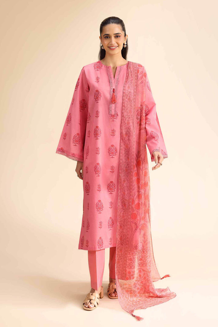 Unstitched 2-Piece Suit – Mughal Printed Slub Cambric Shirt & Crinkle Chiffon Dupatta | Pink- 42501032 - ZEYTONCART
