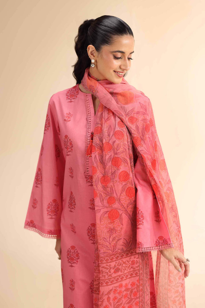 Unstitched 2-Piece Suit – Mughal Printed Slub Cambric Shirt & Crinkle Chiffon Dupatta | Pink- 42501032 - ZEYTONCART