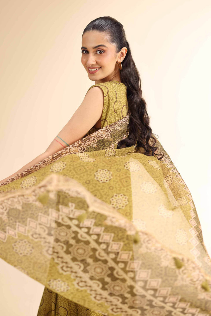 Unstitched 2-Piece Suit – Ajrak Print Shirt with Chiffon Dupatta | Green - 42501039 - ZEYTONCART