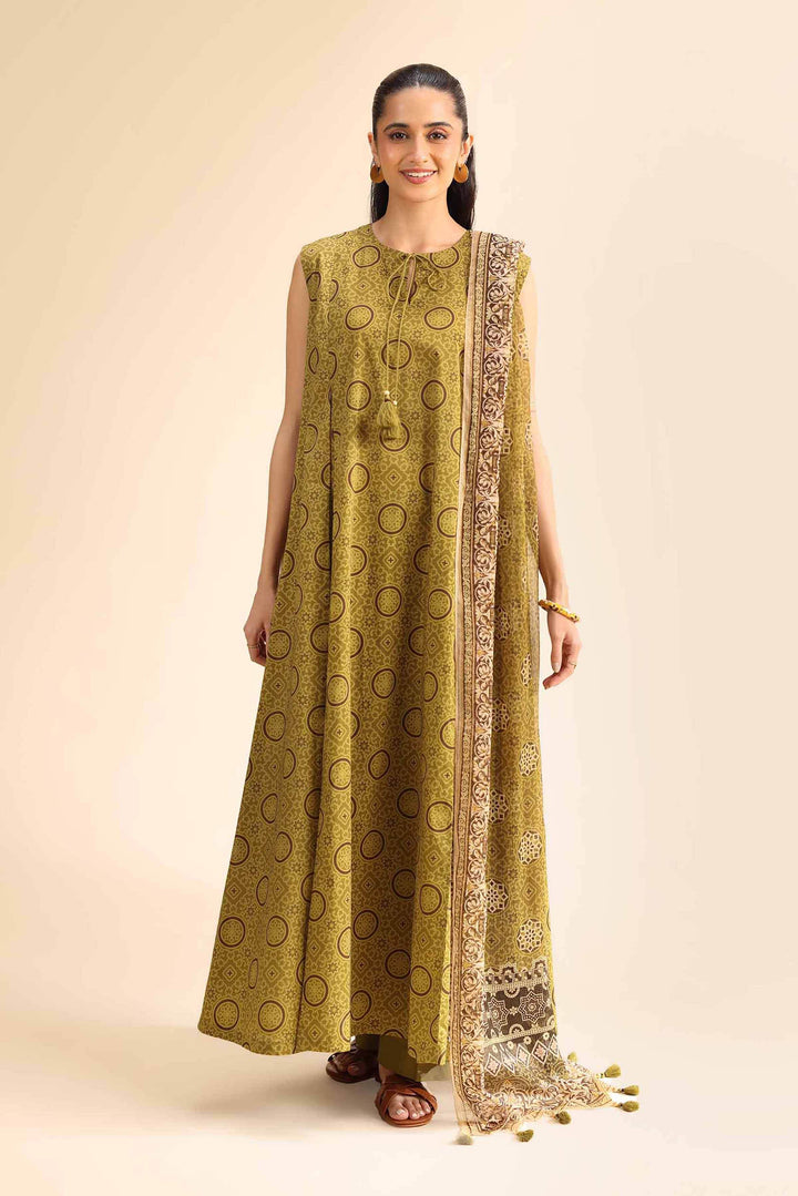 Unstitched 2-Piece Suit – Ajrak Print Shirt with Chiffon Dupatta | Green - 42501039 - ZEYTONCART