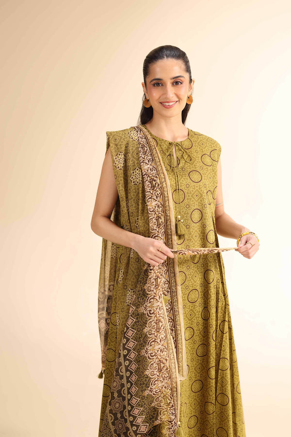 Unstitched 2-Piece Suit – Ajrak Print Shirt with Chiffon Dupatta | Green - 42501039 - ZEYTONCART