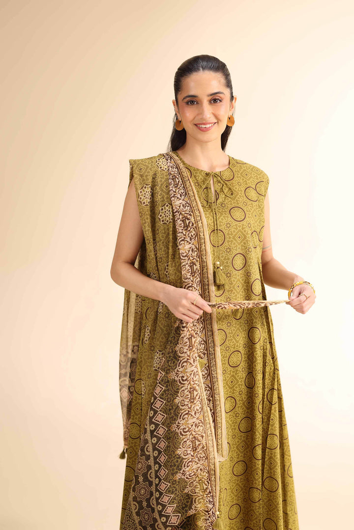 Unstitched 2-Piece Suit – Ajrak Print Shirt with Chiffon Dupatta | Green - 42501039 - ZEYTONCART