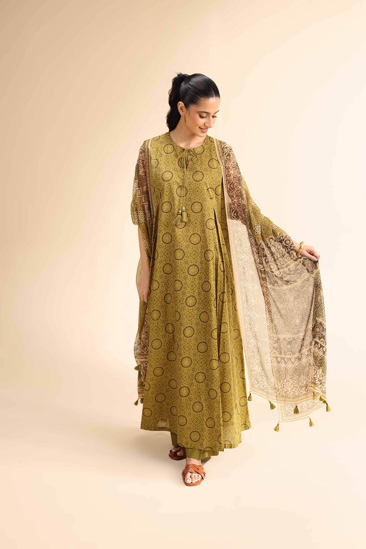 Unstitched 2-Piece Suit – Ajrak Print Shirt with Chiffon Dupatta | Green - 42501039 - ZEYTONCART