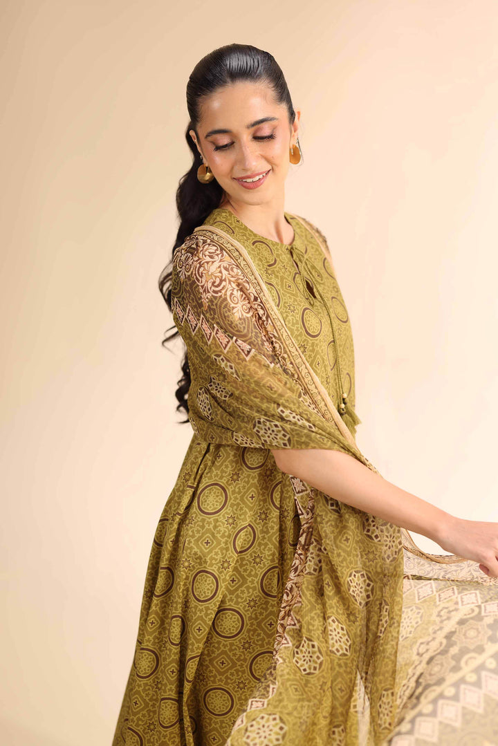 Unstitched 2-Piece Suit – Ajrak Print Shirt with Chiffon Dupatta | Green - 42501039 - ZEYTONCART