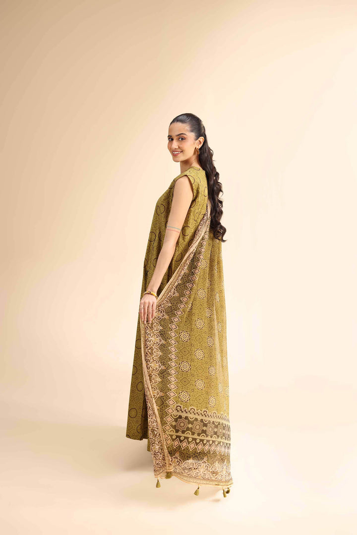 Unstitched 2-Piece Suit – Ajrak Print Shirt with Chiffon Dupatta | Green - 42501039 - ZEYTONCART