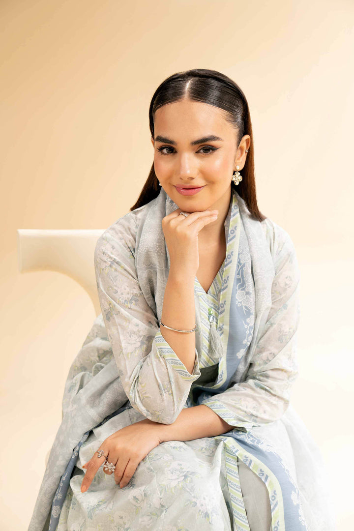 Digital Printed 2-Piece Unstitched Suit – Vintage Floral Lawn Shirt & Banarsi Dupatta | Light Grey - 42501528 - ZEYTONCART