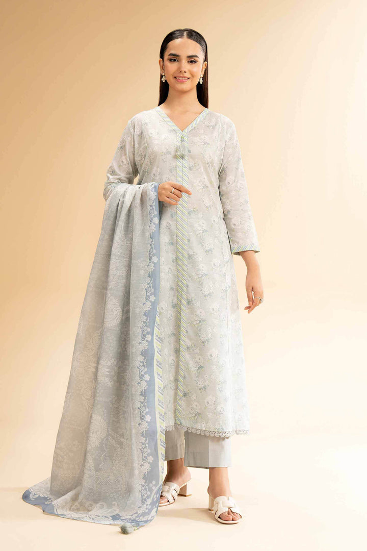Digital Printed 2-Piece Unstitched Suit – Vintage Floral Lawn Shirt & Banarsi Dupatta | Light Grey - 42501528 - ZEYTONCART