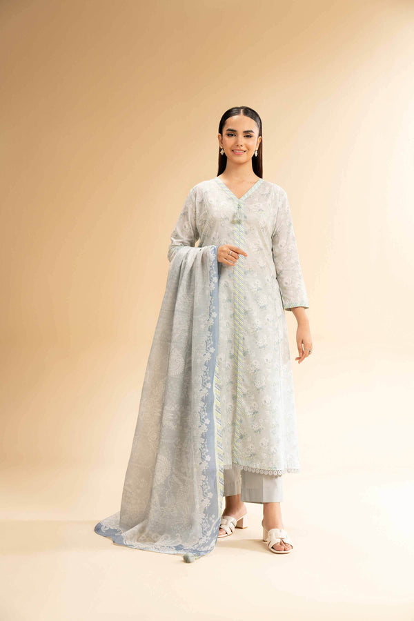 Digital Printed 2-Piece Unstitched Suit – Vintage Floral Lawn Shirt & Banarsi Dupatta | Light Grey - 42501528 - ZEYTONCART