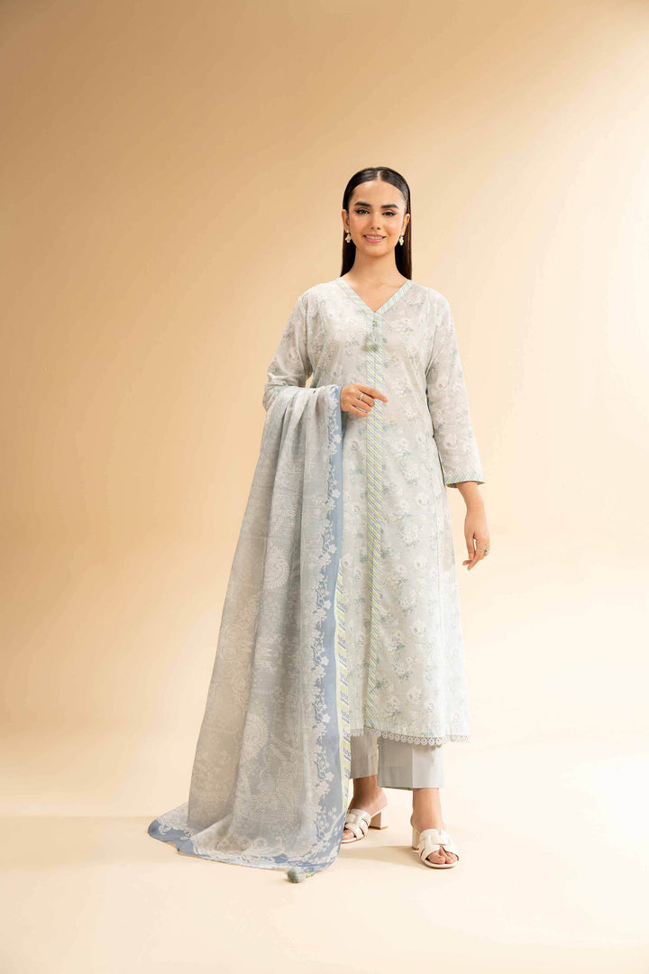Digital Printed 2-Piece Unstitched Suit – Vintage Floral Lawn Shirt & Banarsi Dupatta | Light Grey - 42501528 - ZEYTONCART