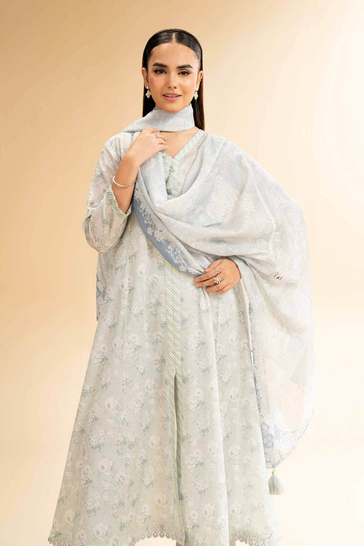 Digital Printed 2-Piece Unstitched Suit – Vintage Floral Lawn Shirt & Banarsi Dupatta | Light Grey - 42501528 - ZEYTONCART