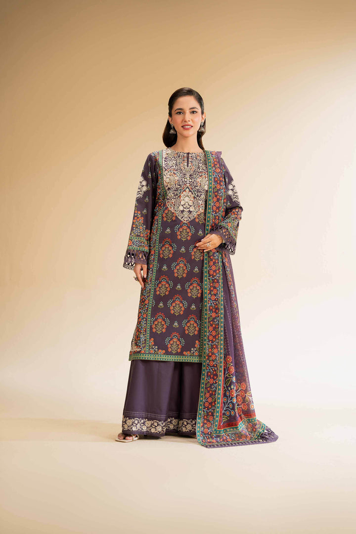 Embroidered 3-Piece Printed Suit – Digital Print Shirt, Voile Dupatta & Cambric Trousers | Plum- 42519172 - ZEYTONCART