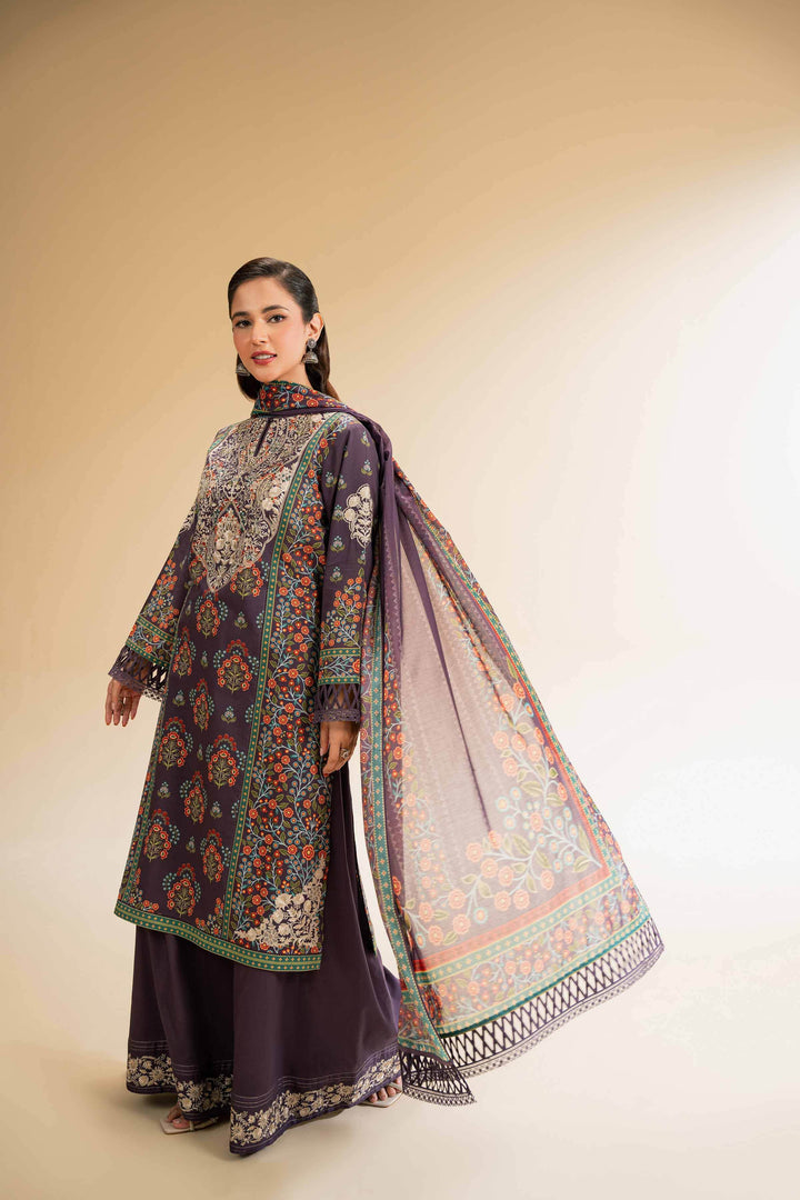 Embroidered 3-Piece Printed Suit – Digital Print Shirt, Voile Dupatta & Cambric Trousers | Plum- 42519172 - ZEYTONCART