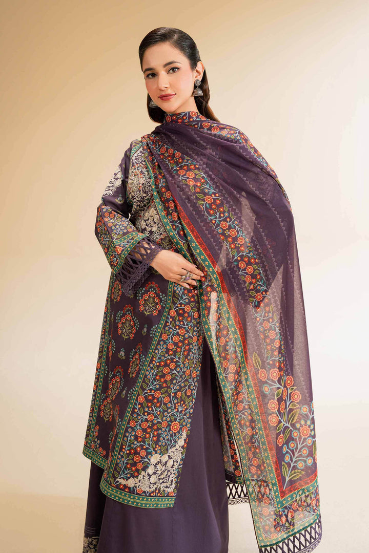 Embroidered 3-Piece Printed Suit – Digital Print Shirt, Voile Dupatta & Cambric Trousers | Plum- 42519172 - ZEYTONCART