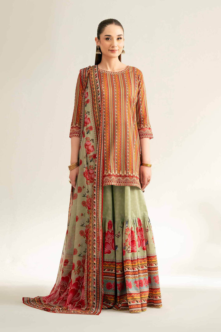 Embroidered Digital Printed 3-Piece Suit – Orange & Sage | Summer Unstitched Lawn Collection 2025- 42519397 - ZEYTONCART