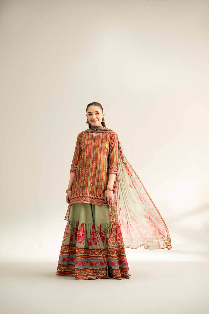 Embroidered Digital Printed 3-Piece Suit – Orange & Sage | Summer Unstitched Lawn Collection 2025- 42519397 - ZEYTONCART