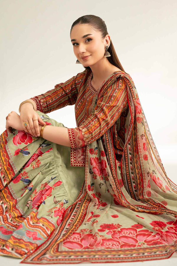 Embroidered Digital Printed 3-Piece Suit – Orange & Sage | Summer Unstitched Lawn Collection 2025- 42519397 - ZEYTONCART