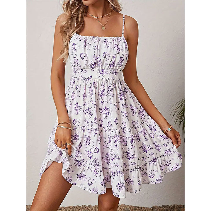 Womens Summer Floral Print Smocked Mini Dress Sleeveless Spaghetti Strap Slim Fit Flowy Dresses - ZEYTONCART