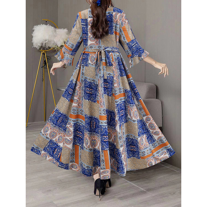 Women's Boho Maxi Dress 3 4 Sleeve V Neck Floral Embroidered Elegant A-Line Dress - ZEYTONCART