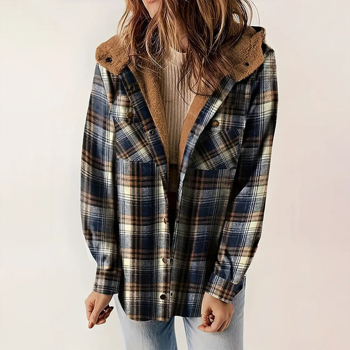 Women's Plaid Button-Up Long Sleeve Jacket Fall Winter  Flap Button Pocket Design Casual Hooded Fleece-Lined Warm Coat - ZEYTONCART