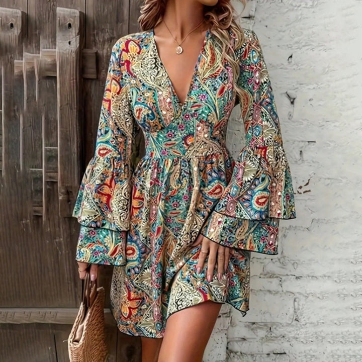 Elegant V-Neck Floral Print Dress - Layered Bell Sleeves, A-Line Waisted Party Dress For Women, Spring Summer Holiday Outfit - ZEYTONCART