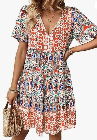 Unity Tied Leisure Vacation Dress With Doll Floral Pattern - ZEYTONCART
