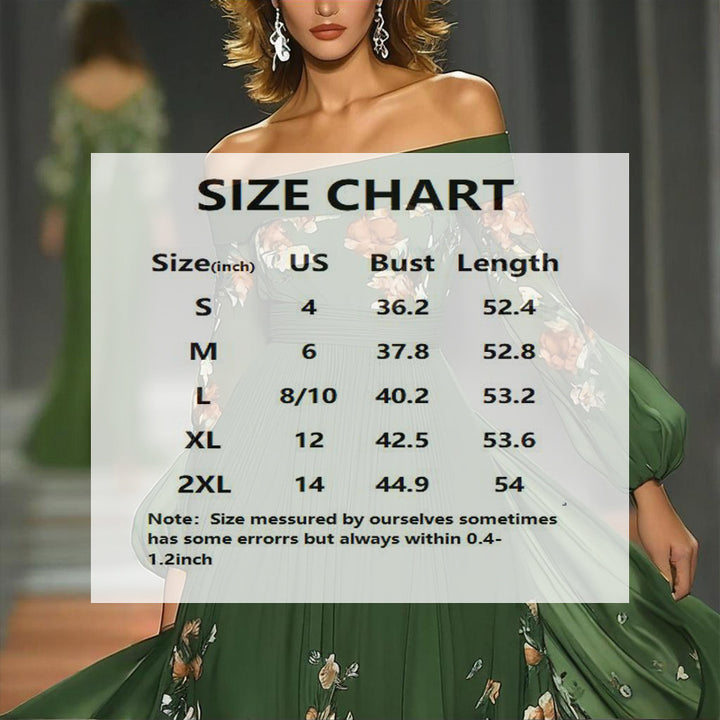 Women's Green Off-Shoulder Floral Print Dress With Puff Sleeves - Flowy A-Line Maxi Evening Dress - ZEYTONCART