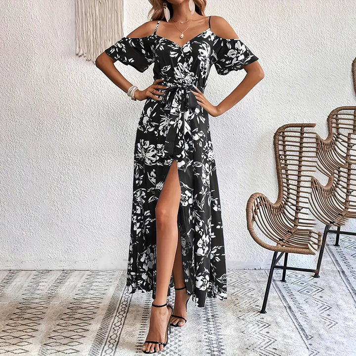 Women's Floral Maxi Dress Cold Shoulder Split Belted A Line Long Summer Dress - ZEYTONCART