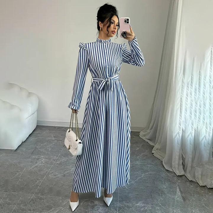 Women's Floral Print Long Sleeve Maxi Dress - Stand Collar A-Line Dress With Waist Detail, Lantern Sleeves & Ruffle Hem For Spring&Fall - ZEYTONCART
