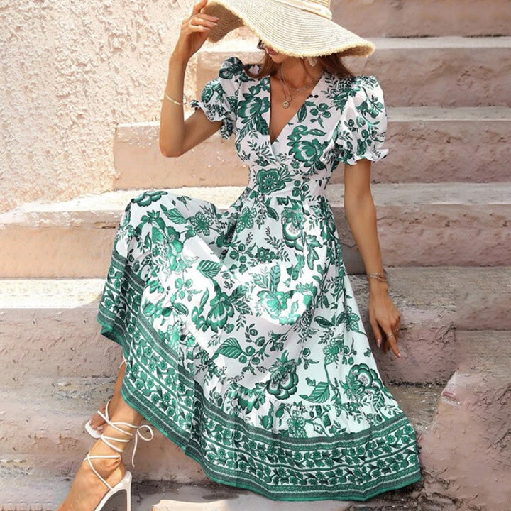 Women Floral Maxi Dress Short Puff Sleeve V Neck Bohemian Flowy Smocked Long Dress - ZEYTONCART