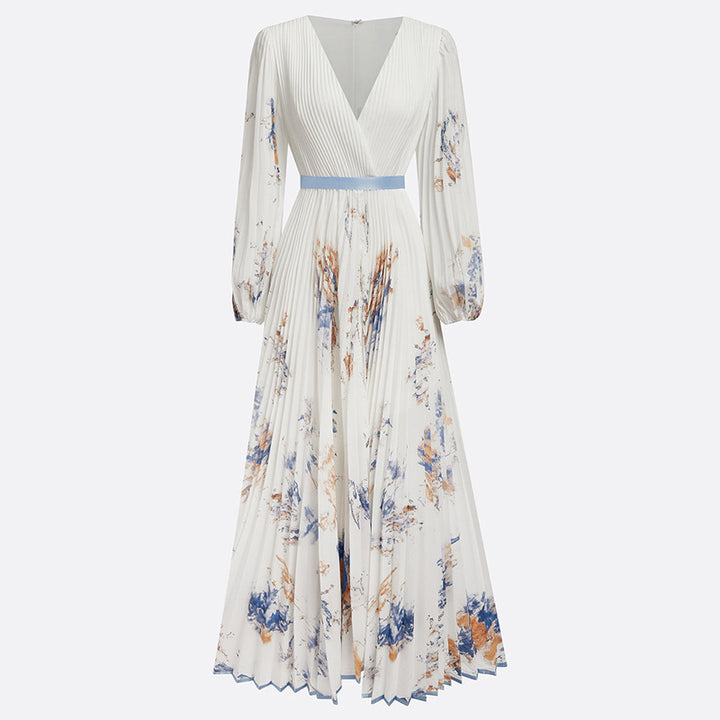 Women's Floral Print V-Neck Long Sleeve Maxi Dress A-Line Flowy Ruffled For Spring&Summer Vacation & Evening Party - ZEYTONCART
