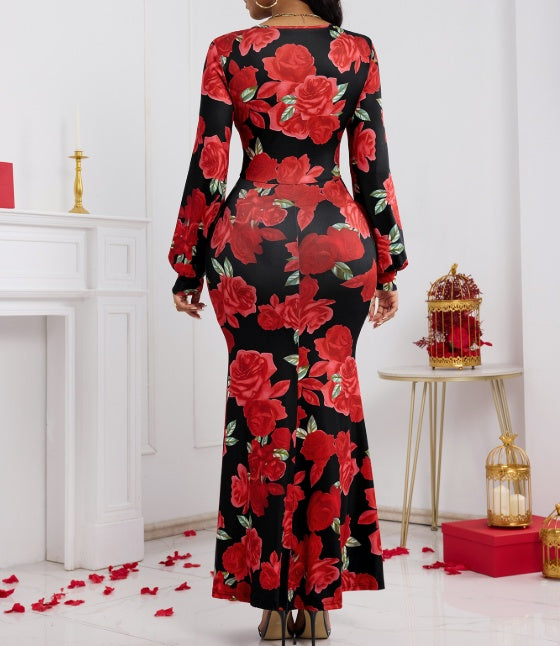 Ladies' V-neck Floral Print Fashionable Hip Hugging Dress - ZEYTONCART