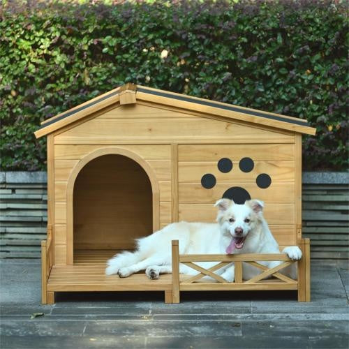 48 Wooden Dog House Outdoor With Porch, Dog Kennel With Water-Resistant Asphalt Roof And Fencing,Indoor & Outdoor Dog Crate With Paw Print, Medium, Nature - ZEYTONCART