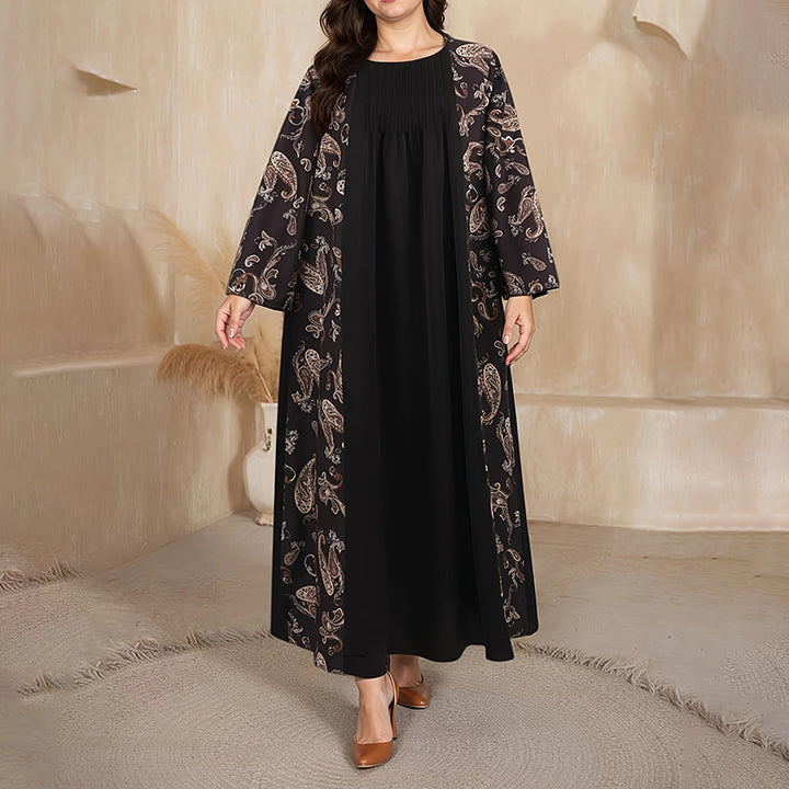 Women's Plus Size Bohemian Floral Printed Maxi Dress, Pleated Front Long Sleeve Crew Neck Loose Fit - ZEYTONCART